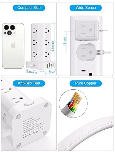 Power Strip with Wireless Charger, Flat Plug Surge Protector with 10FT Extension Cord, 12 AC Multiple Outlets, 4 USB (2 USB C), 15W Wireless Charging Power Tower for Home Office Dorm, White thumbnail 7