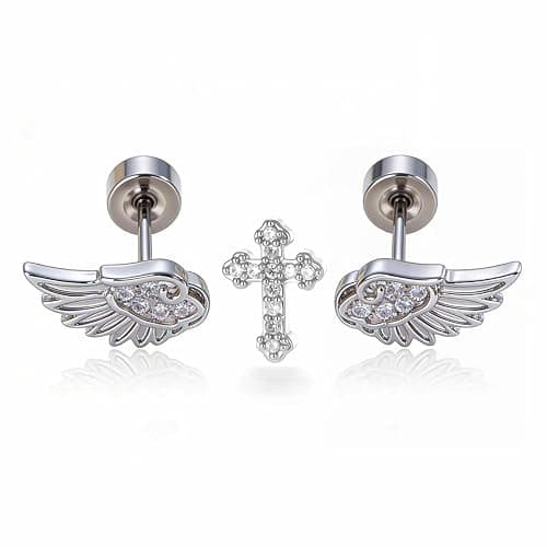 Goth Angle Wing Earrings Silver Flat Back Hypoallergenic Women Studs | Stainless Steel Cartilage Helix Piercing Small Y2k Cute Trendy Jewelry - Image 1