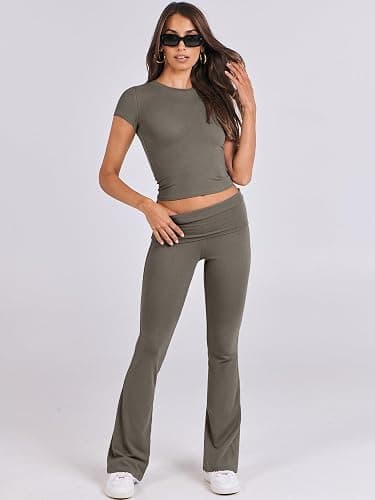 ANRABESS Lounge Sets for Women 2 Piece Foldover Yoga Flare Leggings Pants Crop Tops Casual Y2K Outfits Matching Tracksuit Set thumbnail 7