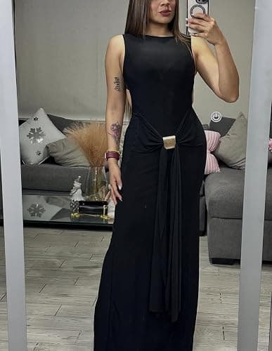 Lingt Chic Women's Grace Maxi Dress Elegant Solid Bodycon Sleeveless Ruched Waist Metal Buckle Formal Wedding Guest Gown thumbnail 6