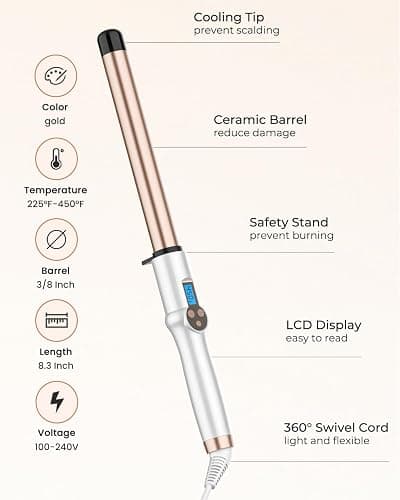 1 Inch Extra Long Barrel Curling Wand, Ceramic Tourmaline Curling Wand Professional Dual Voltage with Adjustable Temperature thumbnail 6