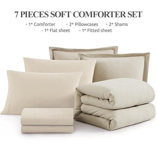 WRENSONGE Oversized Queen Comforter Set - 7 Pieces Light Oatmeal Bed in a Bag Queen with Sheets, 2 Pillow Shams, and 2 Pillowcases- Warm Bedding Sets Queen for All Season thumbnail 9