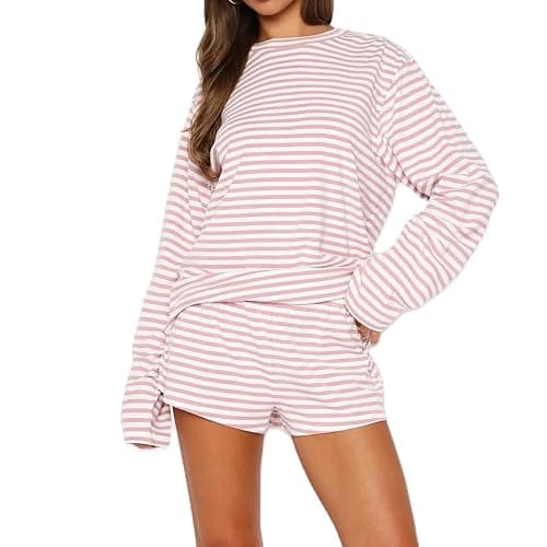 Meihuida Women Striped Pajama Set Y2k Lounge Outfit Long Sleeve Top with Matching Shorts 2 Piece Pjs - Image 1