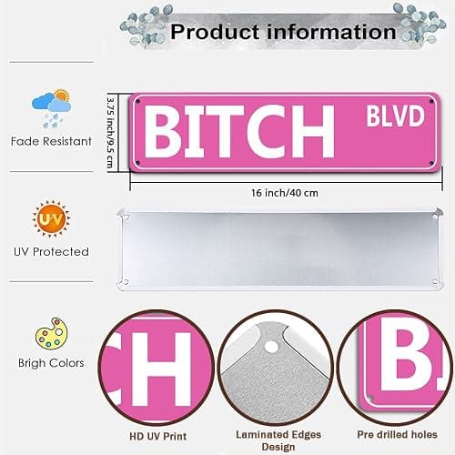 Retro Pink Tin Metal Sign - 'BITCH BLVD' - Bold Statement Decor for Home, Bar, or Dorm - 16x4 Inches - Unique Gift Idea for Friends(B71) thumbnail 4