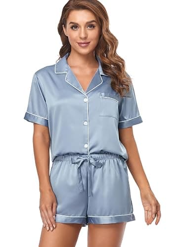 Serenedelicacy Women's Satin Pajama Set 2-Piece Sleepwear Loungewear Button Down Short Sleeve Silky PJ Set thumbnail 5