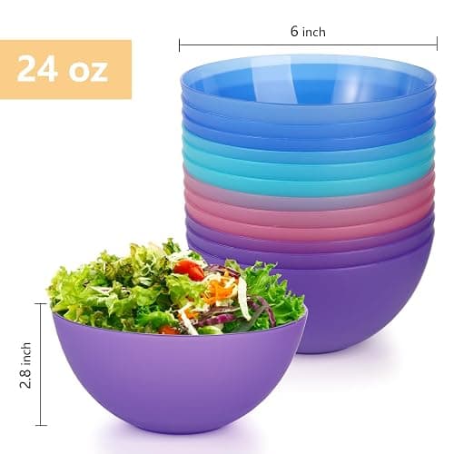 yarlung 20 Pack 24 Oz Plastic Salad Bowls, 6 Inch Snack Bowls Lightweight Cereal Bowls Set for Pasta, Soup, Rice, Clear 4 Colors thumbnail 3