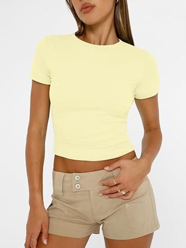 AUTOMET Women's Crew Neck Short Sleeve Basic Stretchy Tight Fitted T-Shirt thumbnail 2