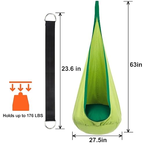 Y- STOP Kids Pod Swing Chair, Hanging Hammock Chair with Inflatable Pillow, Sensory Pocket for Outdoor and Indoor, Max 176Lbs(Green) thumbnail 3