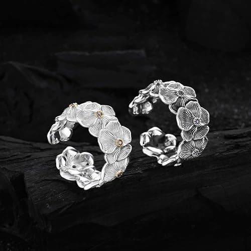 Dtja Textured Flower 925 Sterling Silver Adjustable Statement Ring for Women Vintage Jasmine Floral Expandable Open Wrap Finger Rings Comfort Fit Wedding Holiday Jewelry thumbnail 5