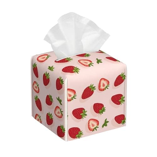 Tissue Box Cover, Pink Strawberry Pu Leather Square Tissue Holder, Waterproof Durable Facial Tissue Protector, Home Decor - Image 1