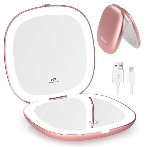 WOBSION Rechargeable Lighted Travel Makeup Mirror,1x/10x Compact Magnifying Mirror with Lights,Portable for Bag,4inch,Gift,Rose Gold - Image 1