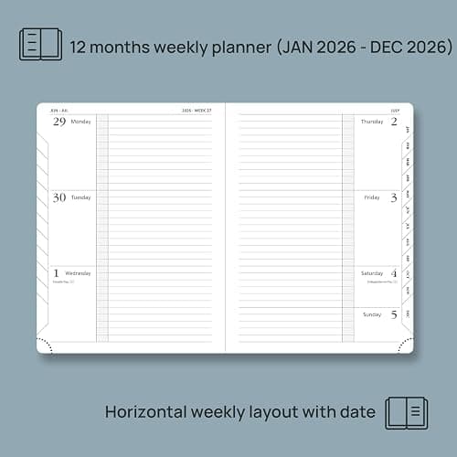 POPRUN 2026 Weekly & Monthly Planner Calendar, 6.75" x 8.75" Medium, Horizontal Layout with Lined Sections, Jan. 2026 - Dec. 2026, Leather Hardcover, 100GSM Paper, Inner Pocket - Black thumbnail 3