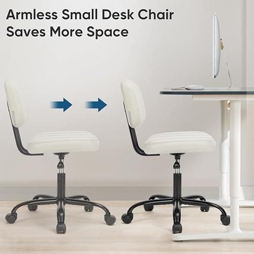 DUMOS Armless Home Office Desk Chair -Small Ergonomic with Low Back Lumbar Support, Height Adjustable PU Leather Computer Task with 360° Swivel Rolling Wheels, for Small Space, Beige White thumbnail 6