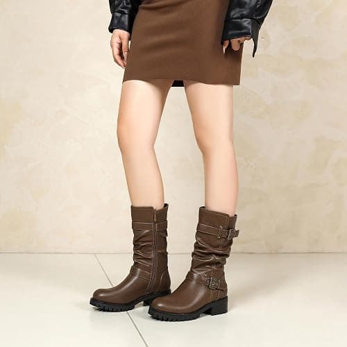 DOBOLIN Mid Calf Boots For Women with a Wide Toe Box Motorcycle Biker Riding Boots with Buckles Round Toe Dress Boots with Low Chunky Heel thumbnail 2