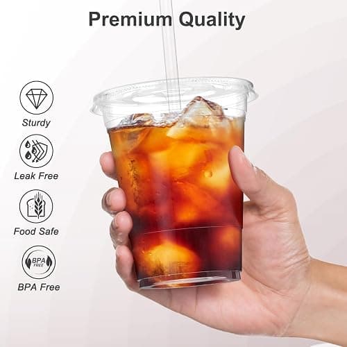 Dealusy 100 Pack - 16 oz Clear Plastic Cups with Lids and Straws, Sturdy & Food Safe Iced Coffee Cups with lids, Disposable Plastic Smoothie Cups for Cold Drinks thumbnail 4