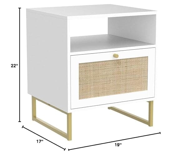 Nathan James Mina Rattan Wood End Side Accent Table Nightstand with Storage for Living Room or Bedroom, 1, White/Gold thumbnail 11