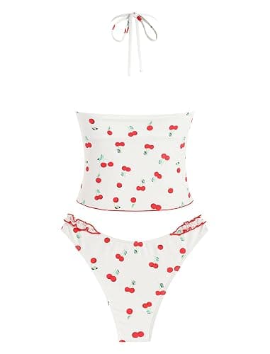 ZAFUL Tankini Swimsuits for Women Smocked Ruffles Tie Front Bowknot Textured High Cut Tanga Tankini Set thumbnail 2