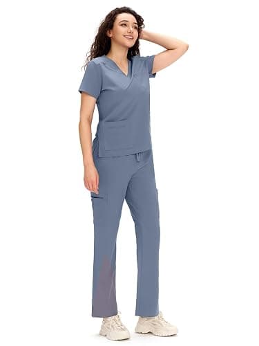 COZYFIT Scrubs for Women - V Neck Top & Cargo Straight Pants 12 Pockets | Water Resistant, Side-Slit Hem, Easy Care, Workday Utility, For Nurses, Clinics, Long Shifts, Daily Medical Uniforms thumbnail 3