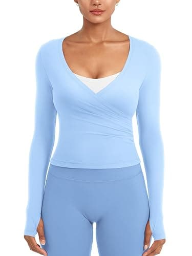 YEOREO Minniy Women Workout Wrap Top Long Sleeve with Thumb Holes V Neck Basic Shirts for Yoga Pilates Going Out Shrug Blouse thumbnail 6