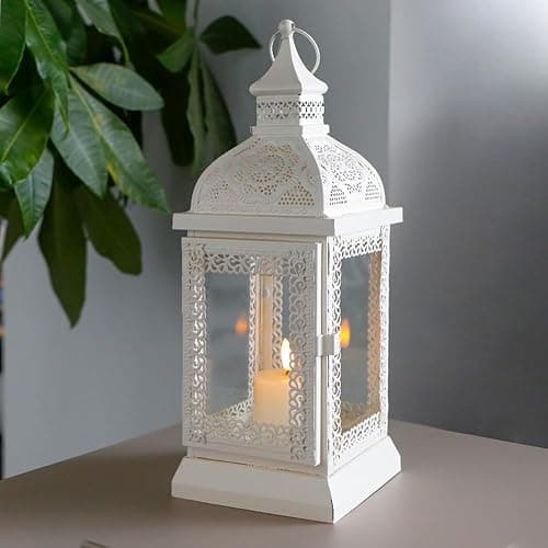 TRIROCKS Rustic Style Metal Candle Lantern 13'' High Decorative Outdoor Lantern Candle Holder with Tempered Glass for Home Living Room Garden Patio Parties Indoors Outdoors (Cream) thumbnail 6