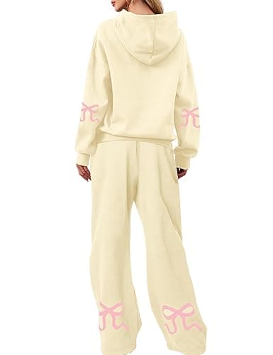 OLAPTA Women 2 Piece Outfits Bow Print Long Sleeve Hoodies Sets Graphic Sweatshirts Baggy Wide Leg Sweatpants Fall Sweatsuits