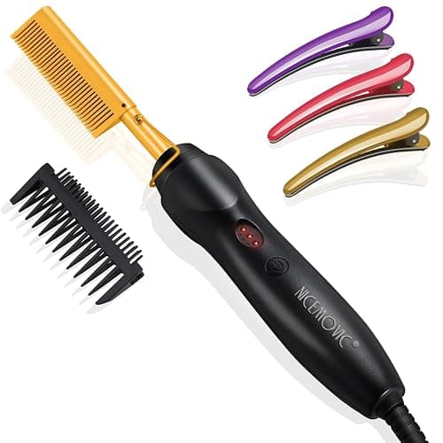 NICEMOVIC Ceramic Heating Hair Straightener Comb - Hot Pressing Brush for Natural Black Hair, Beard Wigs, and Curling (Gold) - Image 1