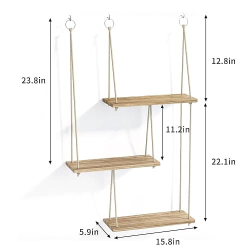 Fixwal Hanging Plant Shelves for Wall, 3 Tier Boho Wall Decor Plant Rack Floating Shelves Rope Rustic Wood Organizer Storage Hanger for Aesthetic Home Bedroom Kitchen Bathroom- Rustic Brown thumbnail 3