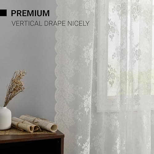 Kotile Ivory Lace Curtains 84 Inches Long - Vintage Embroidered Floral Sheer Lace Curtains for Living Room, Scalloped Privacy Sheer Curtain for Windows, 52 x 84 Inch, 2 Panels, Ivory thumbnail 6