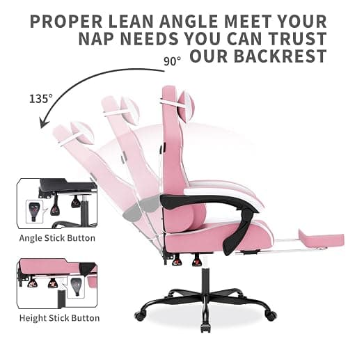 WOTSTA Gaming Chair with Massage,Ergonomic PC Gaming Chair with Footrest Comfortable Headrest and Lumbar Support,High Back Game Chair PVC Leather,300LBS (Pink) thumbnail 3