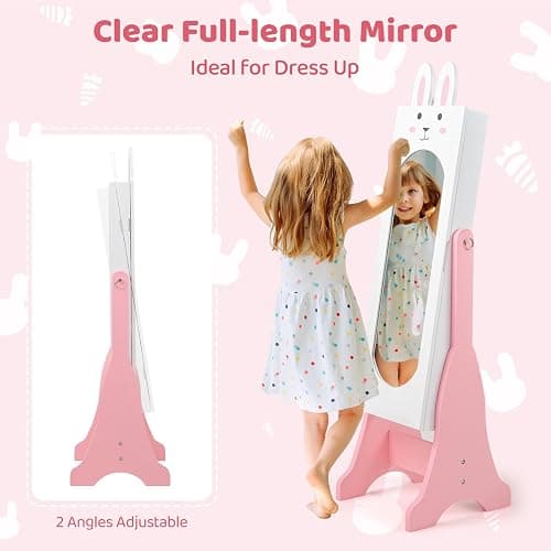 CHARMAID Kids Mirror Jewelry Cabinet - 45" Standing Jewelry Armoire with Full Length Mirror, Bunny Shaped Vanity Dressing Mirror for Girls, Kids Jewelry Organizer with Storage Drawers (White) - White thumbnail 6