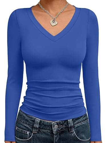 Trendy Queen Long Sleeve Shirts for Women 2025 Fall Fashion V Neck Basics Crop Tops Slim Fitted Y2K Tops Outfits Clothes