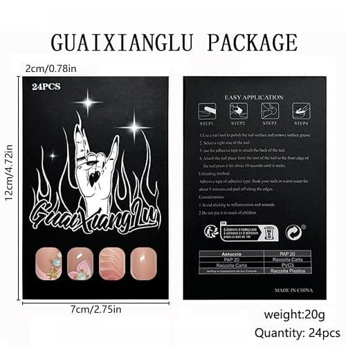 Almond Press on Nails Long Glue on Nail with 5D Rhinestones Flower Design Glossy Waterdrop Shell Acrylic Nails Reusable Ombre French Tips Fake Nails Stiletto Gold Star Nail for Women Manicure 24Pcs thumbnail 5
