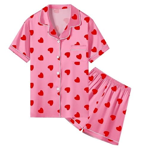 Umeyda Women & Girls Pajamas Set, Soft Satin Lightweight Silk Button-Down Top with Shorts 2 Piece PJS for Mom Boys Kids Gifts - Image 1