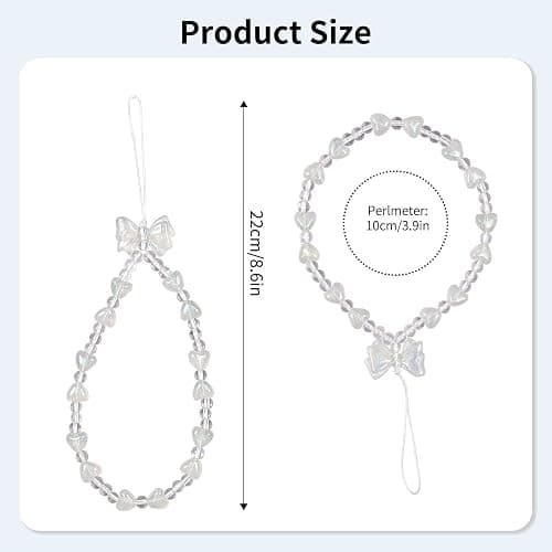 inewateri 2 Pack White & Pink Sparkling Bowknot Love Beaded Chain-Phone Lanyard Set, Multi-Purpose Cellphone Bag Key Accessory, Aesthetic Wrist Strap for Women Girls - Sparkle thumbnail 6