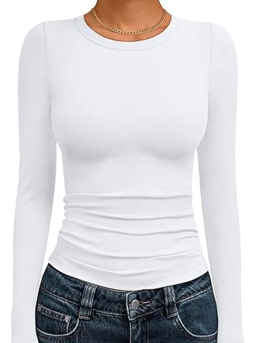 Trendy Queen Womens Long Sleeve Shirts Fall Fashion 2025 Basic Crop Tops Going Out Workout Outfits Y2k Clothes - Small - White