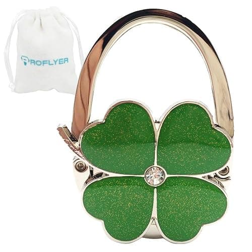 Four Leaf Clover Design Foldable Handbag Hanger Folding Purse Table Hook Holder, with Velvet Pouch(Green) - Image 1