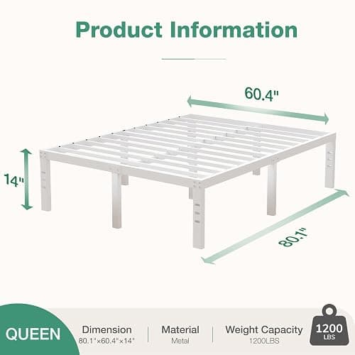 Novilla Queen Size Bed Frame, 14 Inch Metal Platform Bed Frame Queen Size with Storage Space Under Bed, Heavy Duty Steel Slat Support, Easy Assembly, No Box Spring Needed, White thumbnail 2