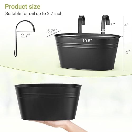 Dahey 10.5 Inch Metal Iron Hanging Flower Pots for Railing Fence Hanging Bucket Pots Countryside Style Window Flower Plant Holder with Detachable Hooks Home Decor,Black,3 Pcs thumbnail 3