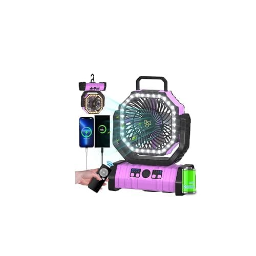 ADUST Camping Battery Operated Powered Fan with LED Lantern Light Portable 20000mAh Rechargeable Oscillating Fan with 360° Rotation Hanging Hook for Tents, Cordless USB Desk Fan(Pink) - Image 1