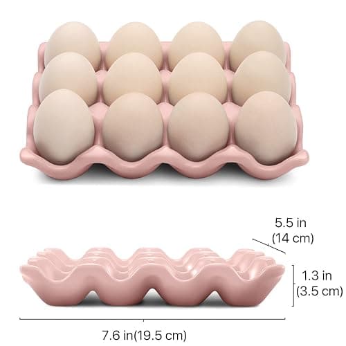 Flexzion Ceramic 12 Cups Egg Tray - Whole Dozen Porcelain Egg Holder Container Keeper Storage Organizer Decorative Serving Stand Serveware for Refrigerator Fridge Countertop Display Kitchen (Pink) thumbnail 3