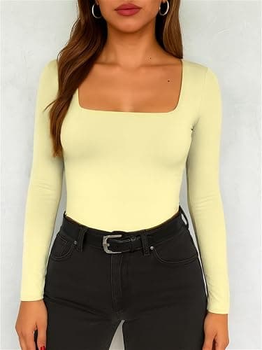 ForeFair Women Square Neck Long Sleeve Going Out Tops Tight Double Lined Basic Tees Shirt thumbnail 5