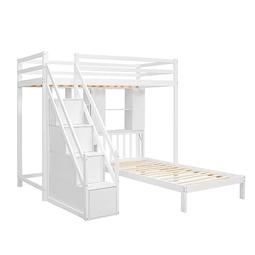 Merax Kids 3FT Loft Bed Frame Children's High Sleeper Double Bed with Desk multifunctional Bed with Storage, Shelves & Stairs, Solid Pine Wood Frame, for Children Girls and Boys, White (2 * 90x190cm) thumbnail 7