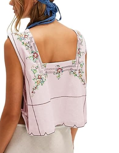 Keliholiyu Embroidery Flower Tank Tops for Women Y2K Sleeveless Square Neck Tie Up Cropped Vest Summer Chic Going Out Blouse thumbnail 2