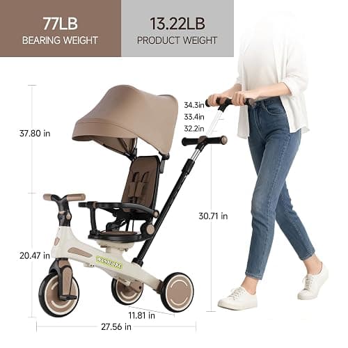 Kids Tricycle, 6 in 1 Baby's Toddler Trike with Adjustable Handle(Coffee) | Reversible Seat and Canopy, Baby Stroller for 1-6 Year Olds, All-Terrain Wheels, Best Gift Suitable for Outdoor Activities thumbnail 3