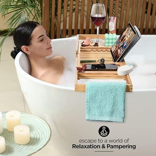 Luxury Foldable Bathtub Tray Caddy - Waterproof Wooden Bath Organizer for Wine, Book, Soap, Phone - Expandable Size Fits Most Tubs thumbnail 5