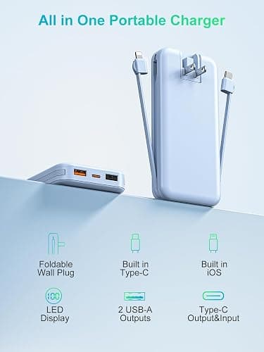 citicr Portable Charger 10000mAh PD20W w/Built-in Cables & Wall Plug Blue | Fast charging, Built-in wall plug, LED display, Charge 5 devices at once, Pass through charging, TSA approved, Pocket size thumbnail 9