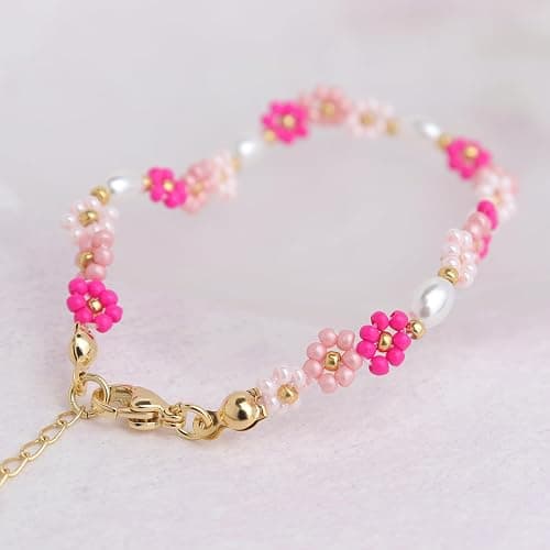 Agriajun Colorful Daisy Flower Beaded Bracelets for Women, Cute Handmade Floral Gold Beads Adjustable Bracelet Spring Boho Jewelry Gift thumbnail 4