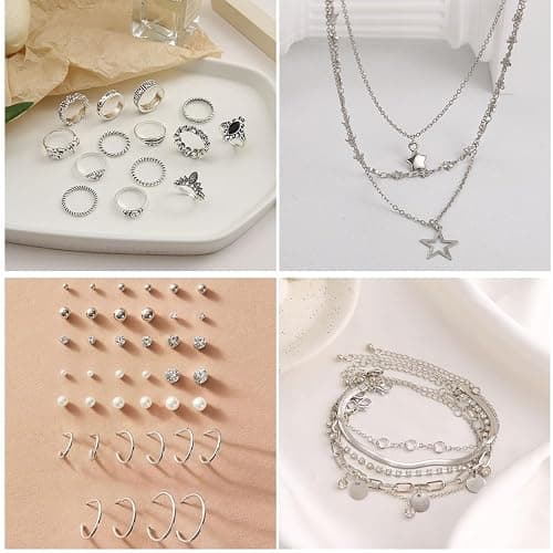 IFNODO 37pcs Silver Jewelry Set With 3 PCS Necklace, 14 PCS Bracelet, 7 PCS Ear Cuffs Earring, 6pcs Hoop Earrings,7pcs silver rings set For Women For Birthday Gifts thumbnail 5