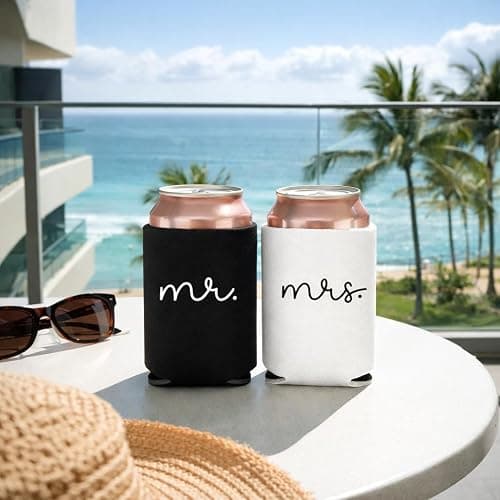 Pink Palm Co. Wedding Can Coolers Set of 2 – Foam Koozies for Bride and Groom, Wedding Toast, Engagement Gift, Honeymoon, Bridal Shower, Beverage Insulators | Mr. & Mrs. thumbnail 3