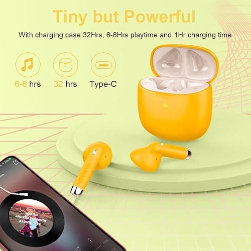 Wireless Earbuds, Bluetooth 5.4 Earbuds Stereo Bass, Bluetooth Headphones in Ear Noise Cancelling Mic, Earphones IP7 Waterproof Sports, 32H Playtime USB C Charging Case Yellow Ear Buds for Android iOS thumbnail 7
